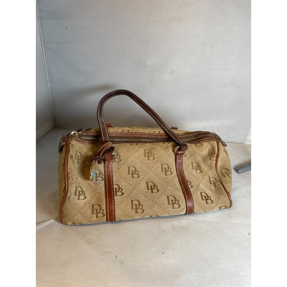 VTG Y2K Dooney & Bourke Signature Barrel Shoulder Bag Tan Canvas Brown Leather